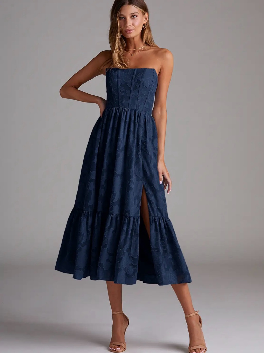 Azazie Navy Textured Strapless Midi Dress With Side Slit